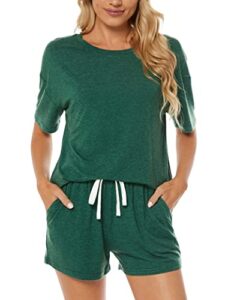 locube women's pajama sets soft comfy short sleeve lounge outfits pj set shorts with pockets (green 2, medium)