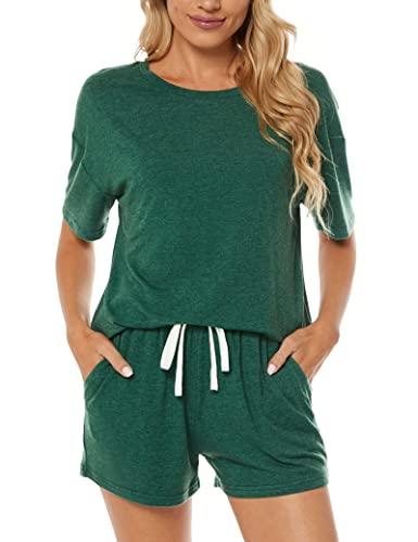 LOCUBE Women's Pajama Sets Soft Comfy Short Sleeve Lounge Outfits Pj Set Shorts with Pockets (Green 2, Medium)