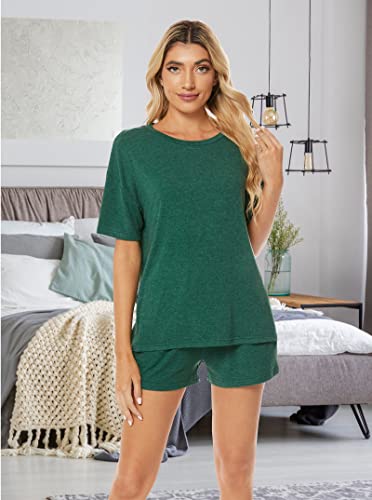 LOCUBE Women's Pajama Sets Soft Comfy Short Sleeve Lounge Outfits Pj Set Shorts with Pockets (Green 2, Medium)