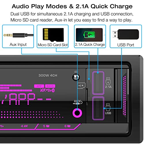 Single Din Stereo Marine Radio: Bluetooth Car Audio Receivers with Digital LCD Display | FM AM Car Radio | USB/SD/AUX/MP3 Player | 2.1A Quick Charge | APP Remote