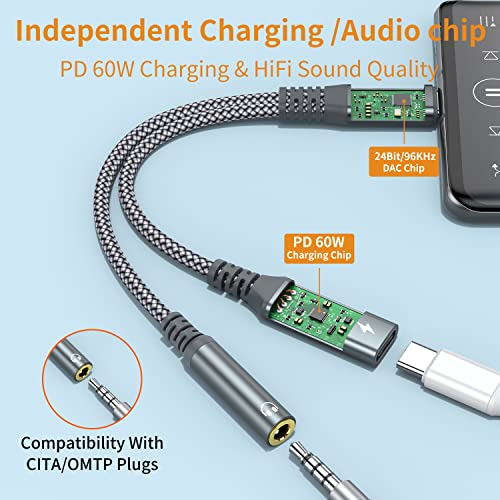 USB C to 3.5mm Headphone and Charger Adapter, USB C PD 60W 2-in-1 USB C to AUX Mic Jack with Fast Charging Dongle Cable,Compatible with Samsung Galaxy S23 S22 S21 S20 Ultra Note 20 S10 S9,iPad Pro