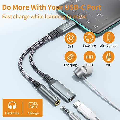 USB C to 3.5mm Headphone and Charger Adapter, USB C PD 60W 2-in-1 USB C to AUX Mic Jack with Fast Charging Dongle Cable,Compatible with Samsung Galaxy S23 S22 S21 S20 Ultra Note 20 S10 S9,iPad Pro