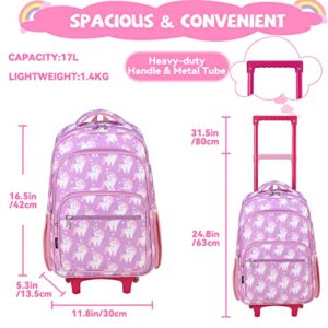 VASCHY Rolling Backpack Kids, 17in Water Resistant Large Schoolbag Carry-on Travel Trip Bag with Wheels for Girls Unicorn