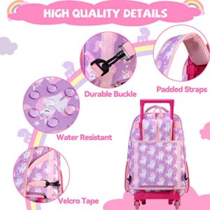 VASCHY Rolling Backpack Kids, 17in Water Resistant Large Schoolbag Carry-on Travel Trip Bag with Wheels for Girls Unicorn