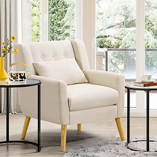 RichFire Mid-Century Modern Accent Chair, Tufted Wingback Reading Chair with Lumbar Pillow and Solid Wood Legs, Linen Fabric Living Room Chair for Living Room Bedroom Apartment, Beige