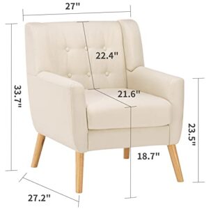 RichFire Mid-Century Modern Accent Chair, Tufted Wingback Reading Chair with Lumbar Pillow and Solid Wood Legs, Linen Fabric Living Room Chair for Living Room Bedroom Apartment, Beige