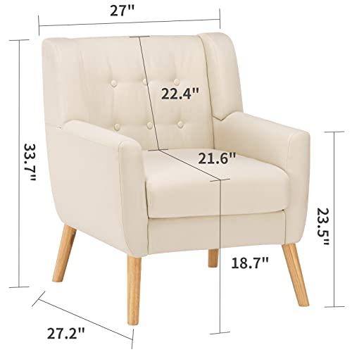 RichFire Mid-Century Modern Accent Chair, Tufted Wingback Reading Chair with Lumbar Pillow and Solid Wood Legs, Linen Fabric Living Room Chair for Living Room Bedroom Apartment, Beige