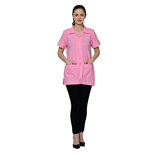 Fashtastic Professional Pink Lab Coat for Women and Men, Short-Sleeve, Unisex (Small)