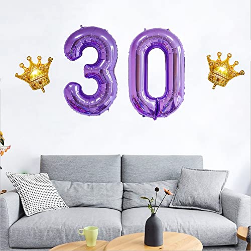 Purple 30 Number Balloon 40 inch Jumbo Foil Balloons with Detachable Crown Foil Prom Balloon for 30th Birthday Party Decoration 30 Wedding Anniversary Photos Props Supplies