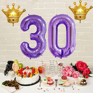 Purple 30 Number Balloon 40 inch Jumbo Foil Balloons with Detachable Crown Foil Prom Balloon for 30th Birthday Party Decoration 30 Wedding Anniversary Photos Props Supplies