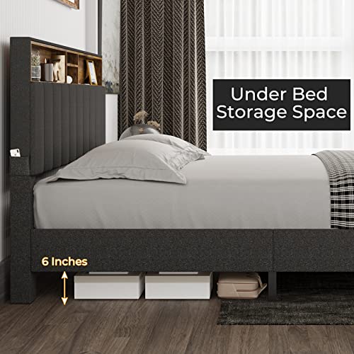 Tiptiper Full Size Bed Frame with Outlets, Platform Bed Frame with Storage Headboard and Height Adjustable, Fabric Upholstered Bed with Wooden Slat Support, No Box Spring Needed, Dark Grey