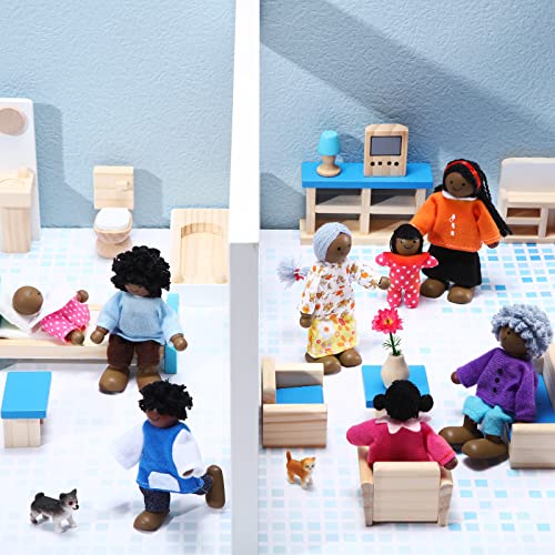 10 Pcs Wooden Dollhouse Family Set of 8 Mini People Figures and 2 Pets, Dollhouse Dolls Wooden Doll Family Pretend Play Figures Accessories for Pretend Dollhouse Toy (Cute Style)