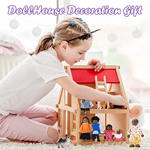 10 Pcs Wooden Dollhouse Family Set of 8 Mini People Figures and 2 Pets, Dollhouse Dolls Wooden Doll Family Pretend Play Figures Accessories for Pretend Dollhouse Toy (Cute Style)