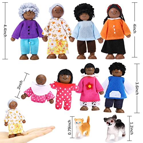 10 Pcs Wooden Dollhouse Family Set of 8 Mini People Figures and 2 Pets, Dollhouse Dolls Wooden Doll Family Pretend Play Figures Accessories for Pretend Dollhouse Toy (Cute Style)