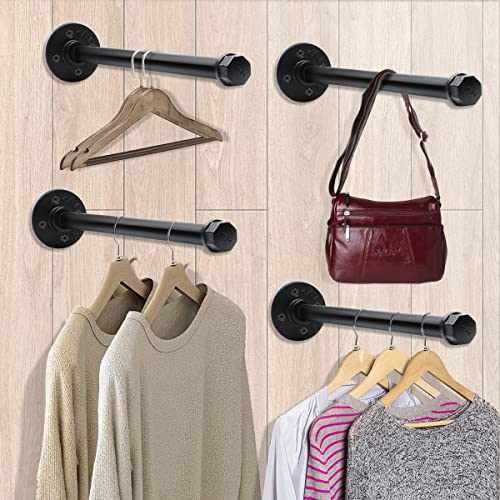 Bailoo Industrial Pipe Clothing Rack 12 Inch 4 Pack, Wall Mounted Clothes Rack Heavy Duty Rustic Vintage Steel Black Metal Clothing Hanging Rod