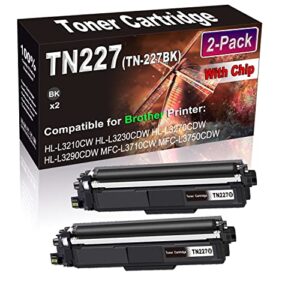 kolasels (with chip) 2-pack (black) compatible hl-l3210cw hl-l3230cdw toner cartridge replacement for tn-227 tn227 (tn-227bk) printer toner cartridge (high capacity)