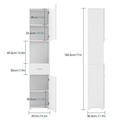FOTOSOK 71" Tall Thin Corner Floor Cabinet with 2 Doors 1 Dresser, Freestanding Bathroom Storage Cabinet 6 Tier Display Shelf for Living Room Office