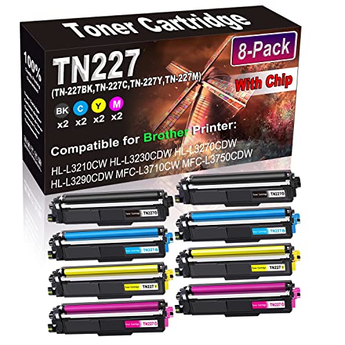 Kolasels (with Chip) 8-Pack (2BK+2C+2Y+2M) Compatible TN-227 TN227 (TN-227BK+TN-227C+TN-227Y+TN-227M) Toner Cartridge (High Yield) to Used for HL-L3210CW HL-L3230CDW Printer