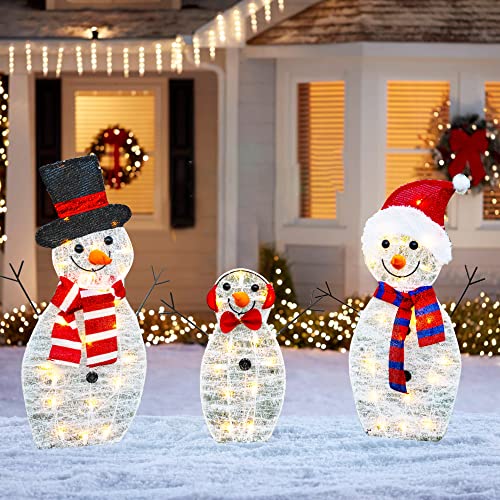 HOURLEEY Christmas Decoration 55 L Lighted Snowman Family Outdoor, 3-Piece Waterproof Plug in 2D Snowman for Yard Patio Lawn Garden Party Decor 20.5X9X29.5Inch-Large (Warm White)