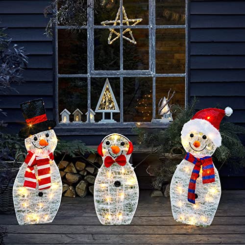 HOURLEEY Christmas Decoration 55 L Lighted Snowman Family Outdoor, 3-Piece Waterproof Plug in 2D Snowman for Yard Patio Lawn Garden Party Decor 20.5X9X29.5Inch-Large (Warm White)