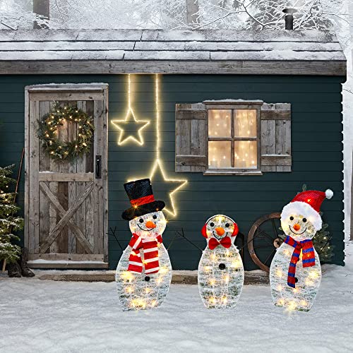 HOURLEEY Christmas Decoration 55 L Lighted Snowman Family Outdoor, 3-Piece Waterproof Plug in 2D Snowman for Yard Patio Lawn Garden Party Decor 20.5X9X29.5Inch-Large (Warm White)