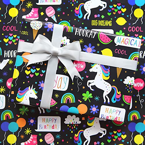 Birthday Wrapping Paper For Kids Girls Boys, Unicorn Design Gift Wrapping Paper for Birthday Baby Shower with 78.7 inches Ribbon, 4 Sheets Folded Flat 20x28 inches per sheet