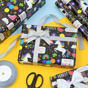 Birthday Wrapping Paper For Kids Girls Boys, Unicorn Design Gift Wrapping Paper for Birthday Baby Shower with 78.7 inches Ribbon, 4 Sheets Folded Flat 20x28 inches per sheet