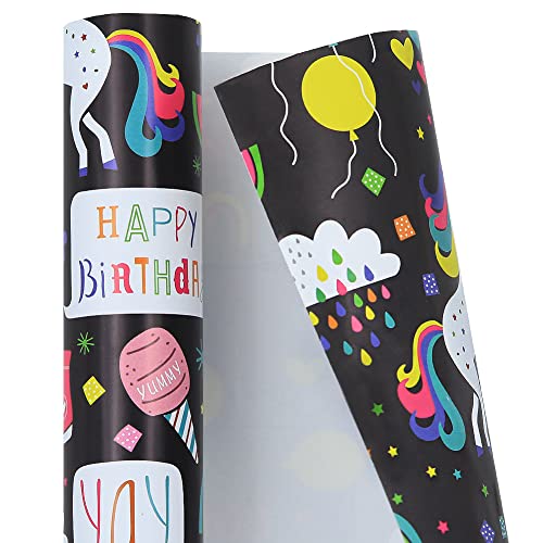 Birthday Wrapping Paper For Kids Girls Boys, Unicorn Design Gift Wrapping Paper for Birthday Baby Shower with 78.7 inches Ribbon, 4 Sheets Folded Flat 20x28 inches per sheet