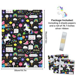 Birthday Wrapping Paper For Kids Girls Boys, Unicorn Design Gift Wrapping Paper for Birthday Baby Shower with 78.7 inches Ribbon, 4 Sheets Folded Flat 20x28 inches per sheet