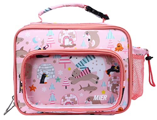 MIER Lunch Bags for Kids Boys Girls Toddlers Cute Insulated Lunch Box Tote School Lunchbox Kit with External Water Bottle Holder/Clear Zipper Pocket (Pink-Marine Animals)