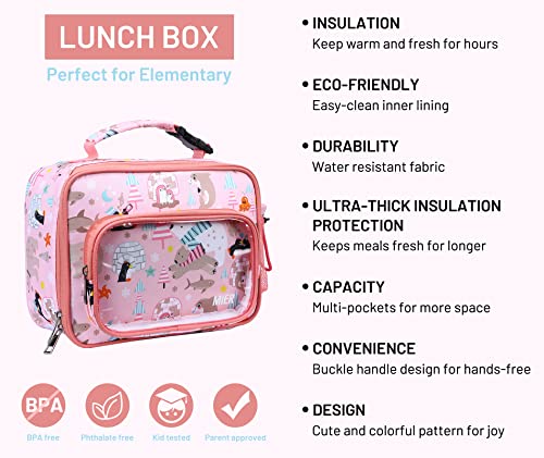 MIER Lunch Bags for Kids Boys Girls Toddlers Cute Insulated Lunch Box Tote School Lunchbox Kit with External Water Bottle Holder/Clear Zipper Pocket (Pink-Marine Animals)
