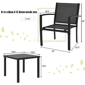 Greesum 3 Pieces Patio Furniture Set Outdoor Conversation Textilene Fabric Chairs for Lawn, Garden, Balcony, Poolside with A Glass Coffee Table, Black