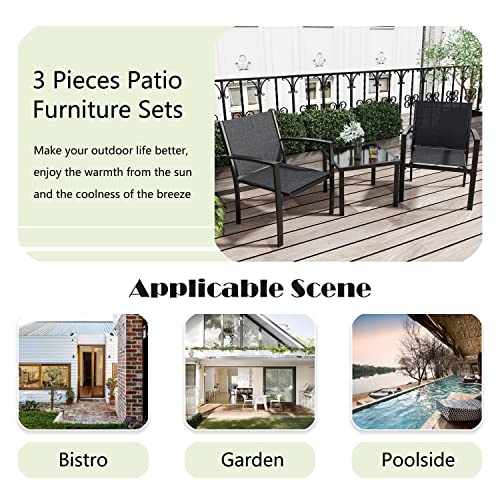 Greesum 3 Pieces Patio Furniture Set Outdoor Conversation Textilene Fabric Chairs for Lawn, Garden, Balcony, Poolside with A Glass Coffee Table, Black