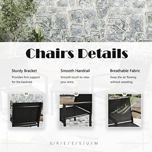 Greesum 3 Pieces Patio Furniture Set Outdoor Conversation Textilene Fabric Chairs for Lawn, Garden, Balcony, Poolside with A Glass Coffee Table, Black