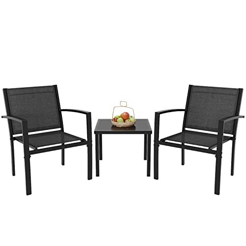 Greesum 3 Pieces Patio Furniture Set Outdoor Conversation Textilene Fabric Chairs for Lawn, Garden, Balcony, Poolside with A Glass Coffee Table, Black