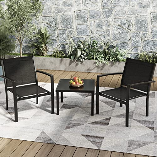 Greesum 3 Pieces Patio Furniture Set Outdoor Conversation Textilene Fabric Chairs for Lawn, Garden, Balcony, Poolside with A Glass Coffee Table, Black