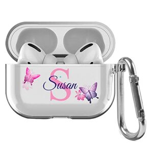 custom name & initial crystal clear airpods case for apple airpod pro and 3rd generation，thin shockproof protective customized transparent case（purple butterfly）