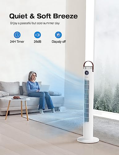 Tower Fan with Remote, 46 Inch Oscillating Fan with 24-Hour Timer, Quiet Floor Fan with 3 Modes & 3 Speeds Settings, Sleep Light Off, Bladeless Cooling Standing Fan Ideal for Home Bedroom Office