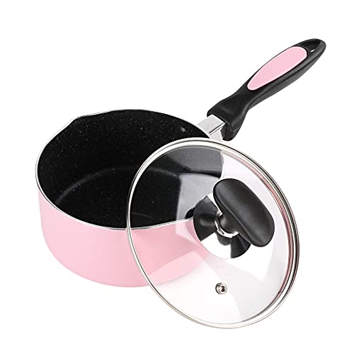 HooJay 1 Quart Non Stick Saucepan with Glass Lid,Small Soup Pot with Lid 1Qt Sauce Pan for Home Kitchen,Pink