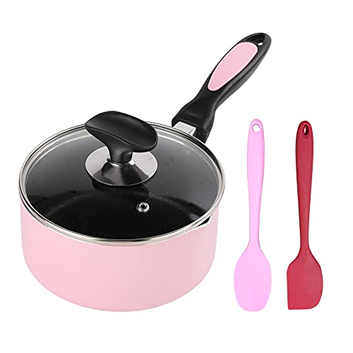 HooJay 1 Quart Non Stick Saucepan with Glass Lid,Small Soup Pot with Lid 1Qt Sauce Pan for Home Kitchen,Pink