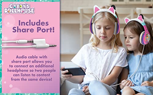 eKids Gabbys Dollhouse Headphones for Kids, Wired Headphones for School, Home or Travel, Tangle Free Toddler Headphones with Volume Control, 3.5mm Jack, Includes Headphone Splitter