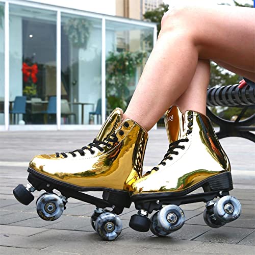 TOEDNNQI Roller Skates for Women Youth Adult Classic High Top Quad Skate Shoes for Outdoor & Indoor Gold 7