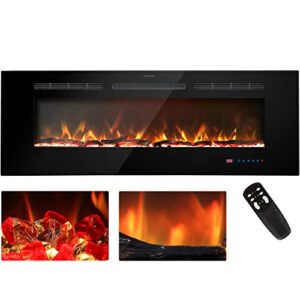 kentsky 60 inches electric fireplace inserts, recessed and wall mounted fireplace heater, linear fireplace w/thermostat, remote & touch screen, multicolor flame, timer, logs & crystal, 750w/1500w