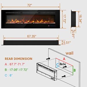 Kentsky 72 inches Electric Fireplace Inserts, Recessed and Wall Mounted Fireplace Heater, Large Screen w/Thermostat, Remote & Touch Screen, Multicolor Flame, Timer, Logs & Crystal, 750W/1500W