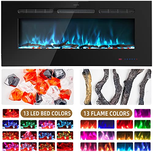 Kentsky 72 inches Electric Fireplace Inserts, Recessed and Wall Mounted Fireplace Heater, Large Screen w/Thermostat, Remote & Touch Screen, Multicolor Flame, Timer, Logs & Crystal, 750W/1500W