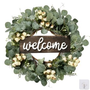 sggvecsy green artificial eucalyptus wreath with welcome sign 20in spring summer wreath with white berries for front door wall window festival porch farmhouse patio garden decor
