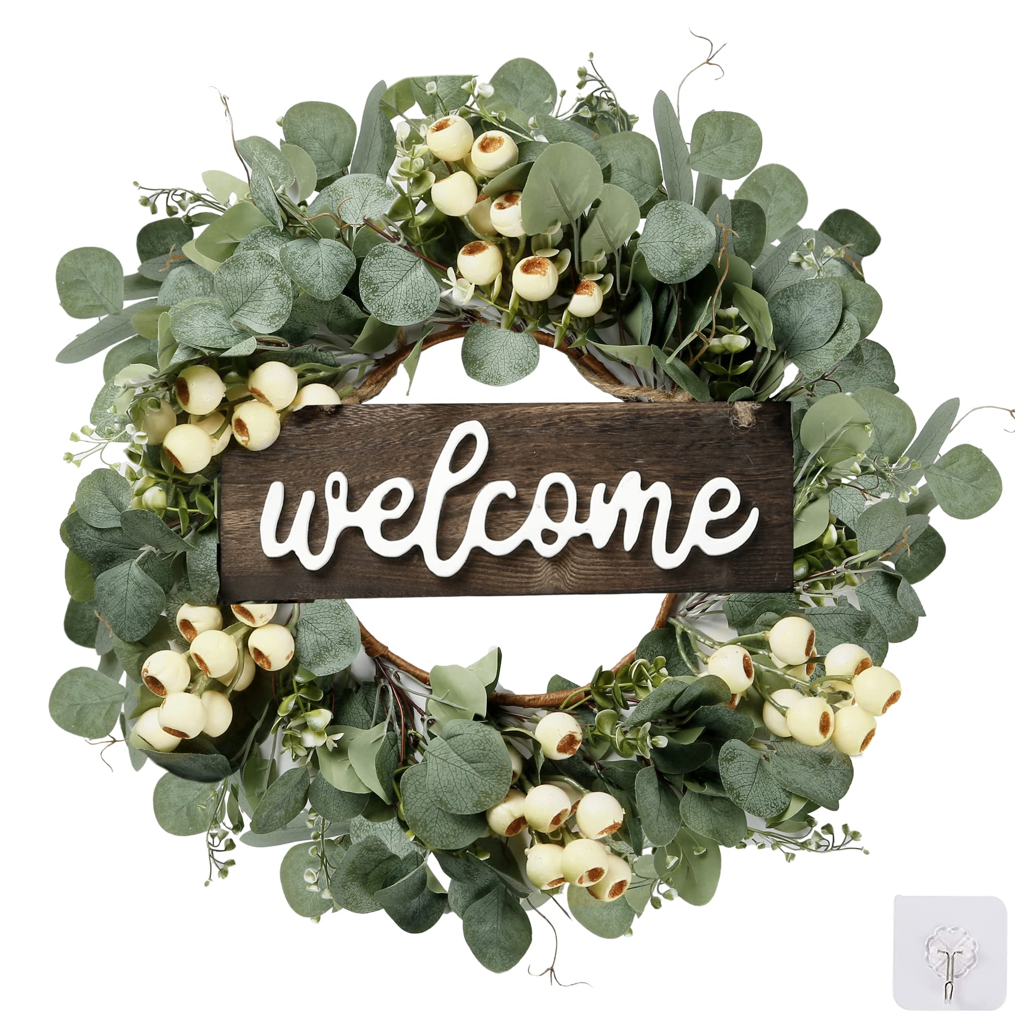 Sggvecsy Green Artificial Eucalyptus Wreath with Welcome Sign 20in Spring Summer Wreath with White Berries for Front Door Wall Window Festival Porch Farmhouse Patio Garden Decor