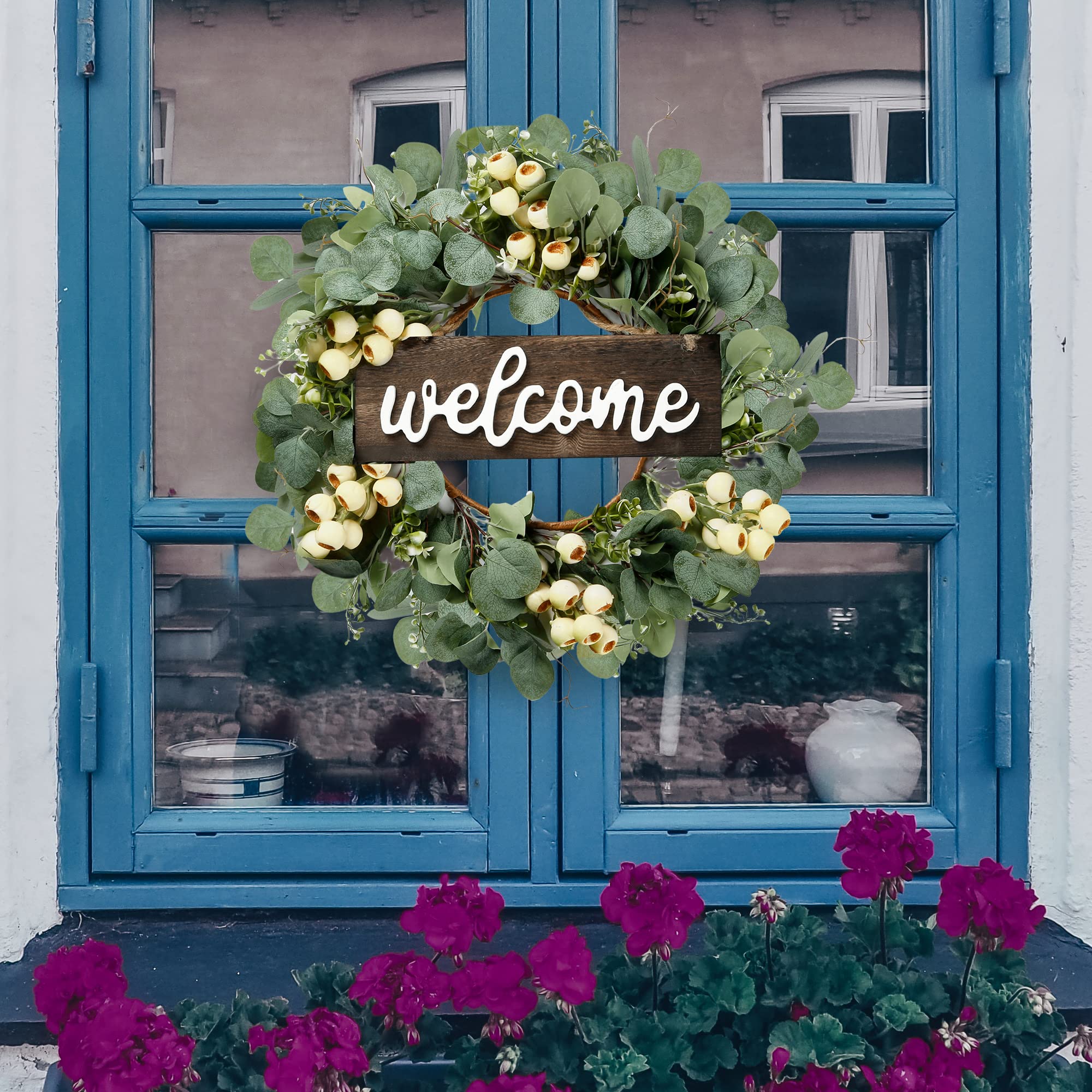 Sggvecsy Green Artificial Eucalyptus Wreath with Welcome Sign 20in Spring Summer Wreath with White Berries for Front Door Wall Window Festival Porch Farmhouse Patio Garden Decor