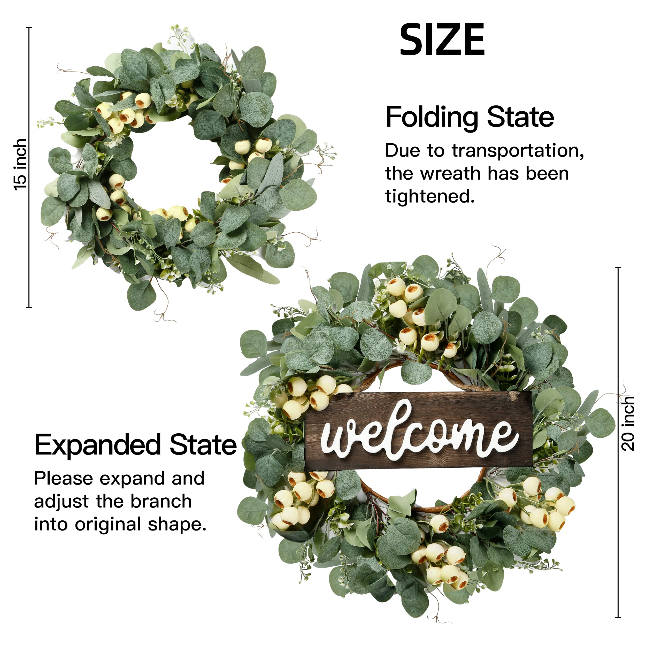 Sggvecsy Green Artificial Eucalyptus Wreath with Welcome Sign 20in Spring Summer Wreath with White Berries for Front Door Wall Window Festival Porch Farmhouse Patio Garden Decor