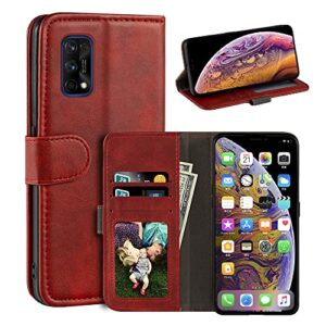 case for oppo realme 7 pro, magnetic pu leather wallet-style business phone case,fashion flip case with card slot and kickstand for oppo realme 7 pro sun kissed leather 6.4 inches-red